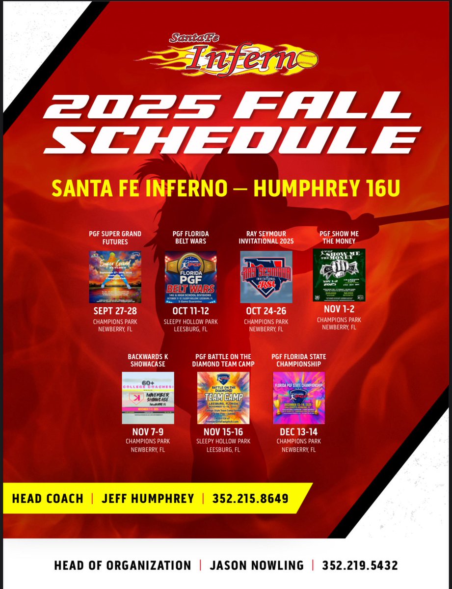 Can’t wait for fall!! 🔥🔥
<a href="/SFInferno28_29/">Santa Fe Inferno Humphrey</a> <a href="/SouthAlabamaSB/">South Alabama Softball 🥎</a> <a href="/BclarkUSA/">Becky Clark</a> <a href="/StinaMcC7/">Kristina McCain</a> <a href="/kellyhorne31/">Kelly Horne</a> <a href="/FSU_Softball/">Florida State Softball 🥎</a> <a href="/tsmartt14/">Taylor Smartt</a> <a href="/UAB_SB/">UAB Softball</a> <a href="/TroyTrojansSB/">Troy Softball</a> <a href="/e_newellcoach/">Eric Newell</a> <a href="/EckerdSoftball/">Eckerd Softball</a> <a href="/FAUSoftball/">Florida Atlantic Softball</a> <a href="/CoachJordanSB/">Jordan Clark</a> <a href="/FeNowling/">Santa Fe Inferno-Nowling</a>