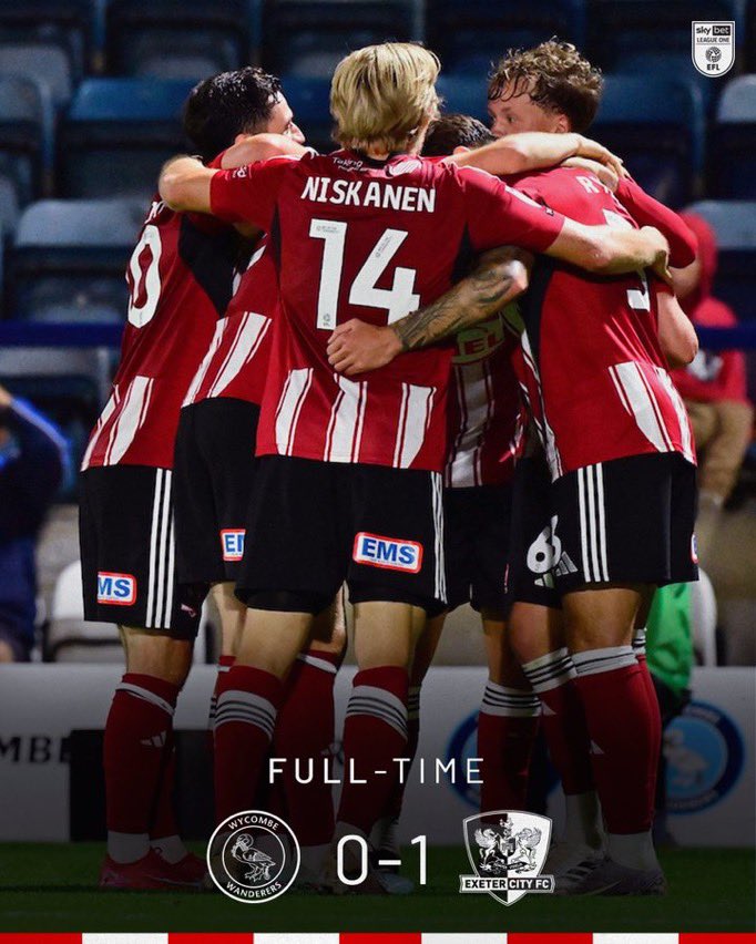 Wycombe Wanderers (1.38) 0-1 (0.13) Exeter City 

An unbelievable win away from home 🤩

#ECFC #Chairboys