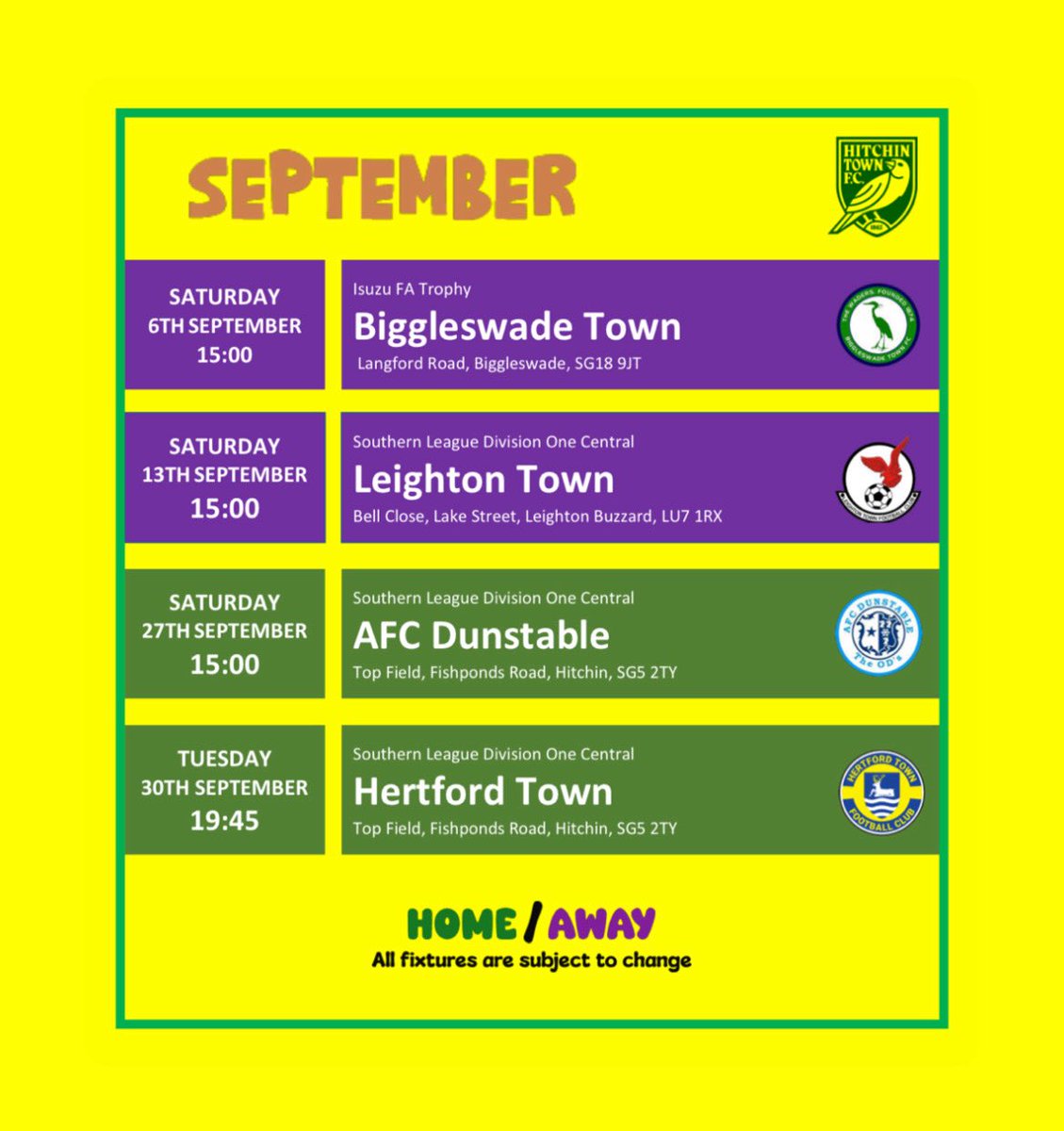 SEPTEMBER FIXTURES 🗓️ Tickets available: hitchintownfc.ktckts.com 🎟️⚽️
