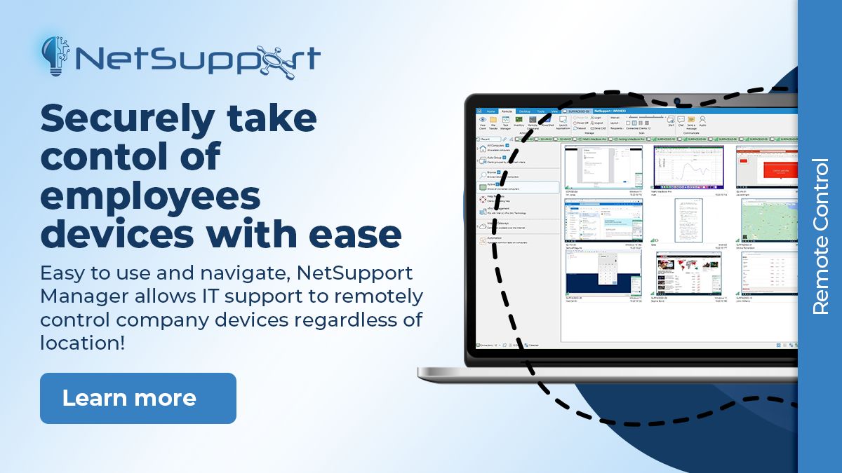 NetSupportICorp's tweet image. Securely control employee devices with ease! ✅ NetSupport Manager lets IT support remotely manage devices regardless of location. buff.ly/C2tpG3J
#RemoteControl #ITSupport #NetSupportManager