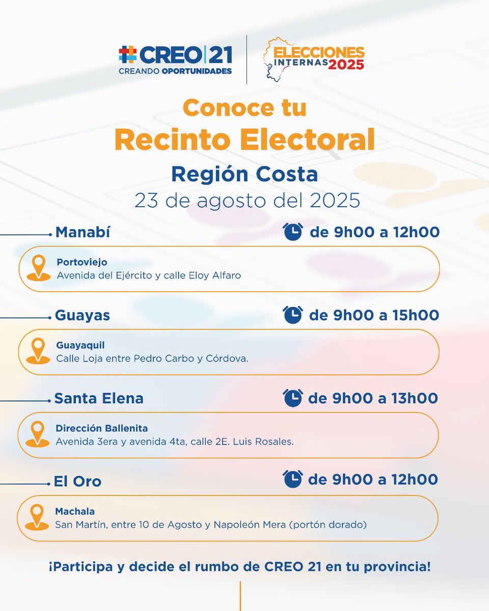 🗳️ Este sábado 23 de agosto participa en el proceso de #EleccionesInternas2025 de #CREO21 en tu provincia. 🇪🇨

📍 Consulta el recinto y ⏰ el horario donde podrás ejercer tu derecho al voto en las provincias de #Manabí, #Guayas, #ElOro y #SantaElena.

✅ ¡Tu voz cuenta, tu voto