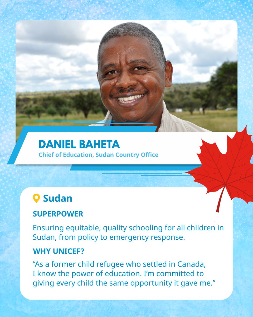 UNICEFCanada's tweet photo. This #WorldHumanitarianDay, we honour Canadians working with UNICEF worldwide.

From Panama to Sudan, Ukraine to South Africa, they’re protecting children, ensuring education &amp; driving change.

Their dedication shows that Canadian compassion knows no borders. https://t.co/61XGgFIEHe