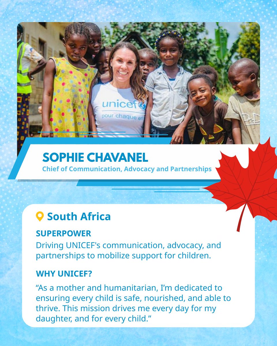 UNICEFCanada's tweet photo. This #WorldHumanitarianDay, we honour Canadians working with UNICEF worldwide.

From Panama to Sudan, Ukraine to South Africa, they’re protecting children, ensuring education &amp; driving change.

Their dedication shows that Canadian compassion knows no borders. https://t.co/61XGgFIEHe