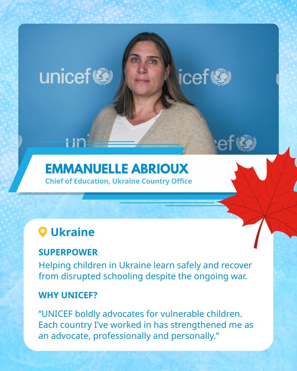 UNICEFCanada's tweet photo. This #WorldHumanitarianDay, we honour Canadians working with UNICEF worldwide.

From Panama to Sudan, Ukraine to South Africa, they’re protecting children, ensuring education &amp; driving change.

Their dedication shows that Canadian compassion knows no borders. https://t.co/61XGgFIEHe