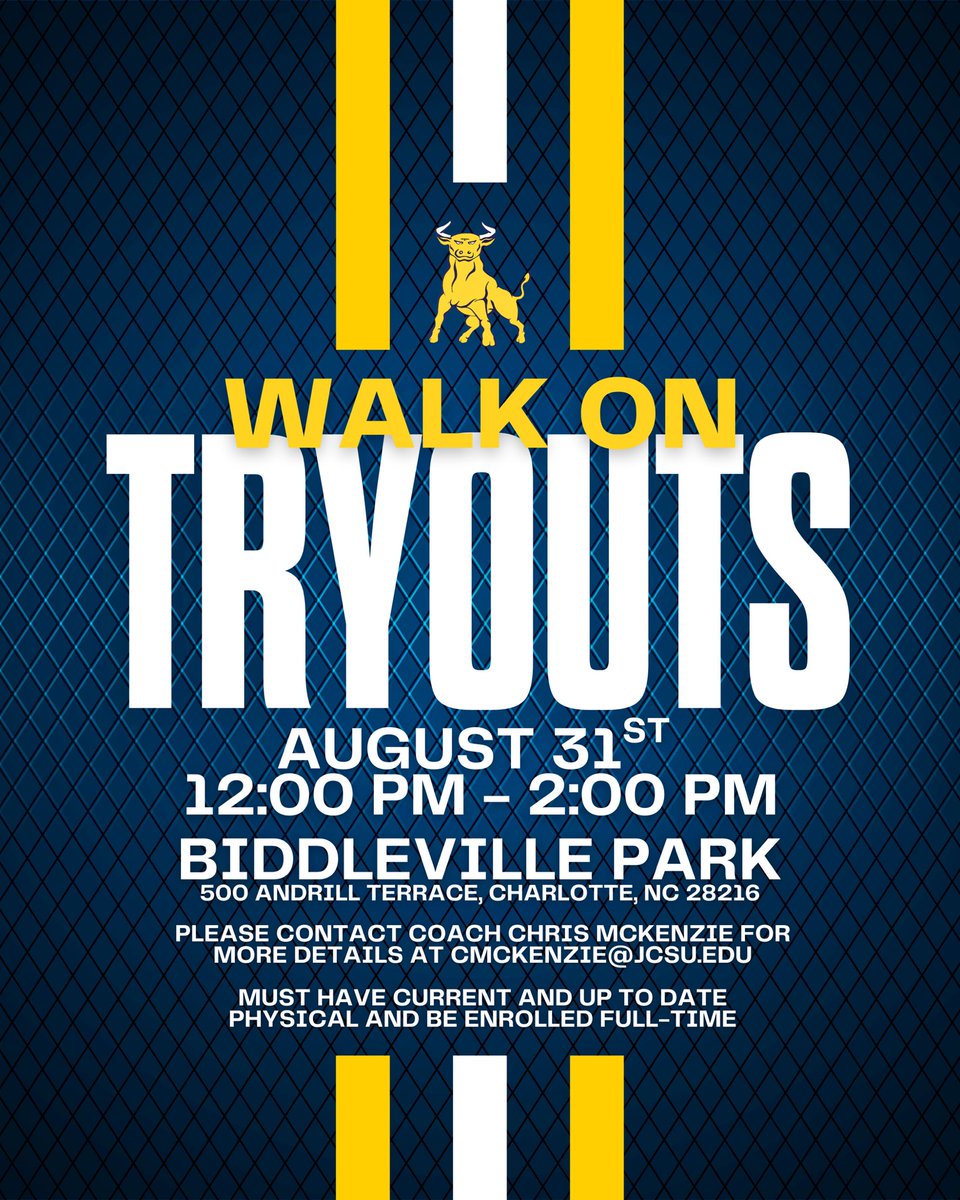 Jcsu Softball (@jcsusoftball) on Twitter photo ππ₯ JCSU Softball Walk-On Tryouts!
π
Aug 31 | β° 12β2 PM
π Biddleville Park, Charlotte, NC
Full-time enrollment & updated physical required.
Contact cmckenzie@jcsu.edu for more info.
#AnotherDayAnotherOpportunity #GoldenBullPride #CIAA ππ₯ JCSU Softball Walk-On Tryouts!
π
Aug 31 | β° 12β2 PM
π Biddleville Park, Charlotte, NC
Full-time enrollment & updated physical required.
Contact cmckenzie@jcsu.edu for more info.
#AnotherDayAnotherOpportunity #GoldenBullPride #CIAA