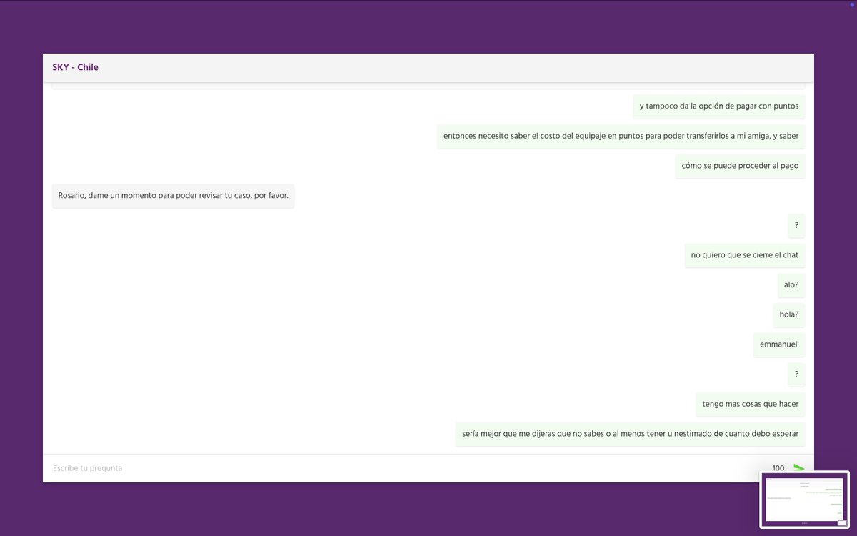rozaario's tweet photo. llevo casi 1 hora en el chat con @SKYAirline_CL porque no encuentro como transferir ni como pagar puntos sky plus. Ni siguiera me contestan en el chat. qué tipo de servicio es este? https://t.co/tN0Y8sp76u