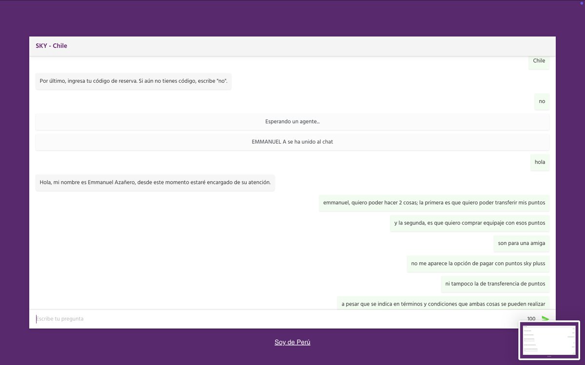 rozaario's tweet photo. llevo casi 1 hora en el chat con @SKYAirline_CL porque no encuentro como transferir ni como pagar puntos sky plus. Ni siguiera me contestan en el chat. qué tipo de servicio es este? https://t.co/tN0Y8sp76u