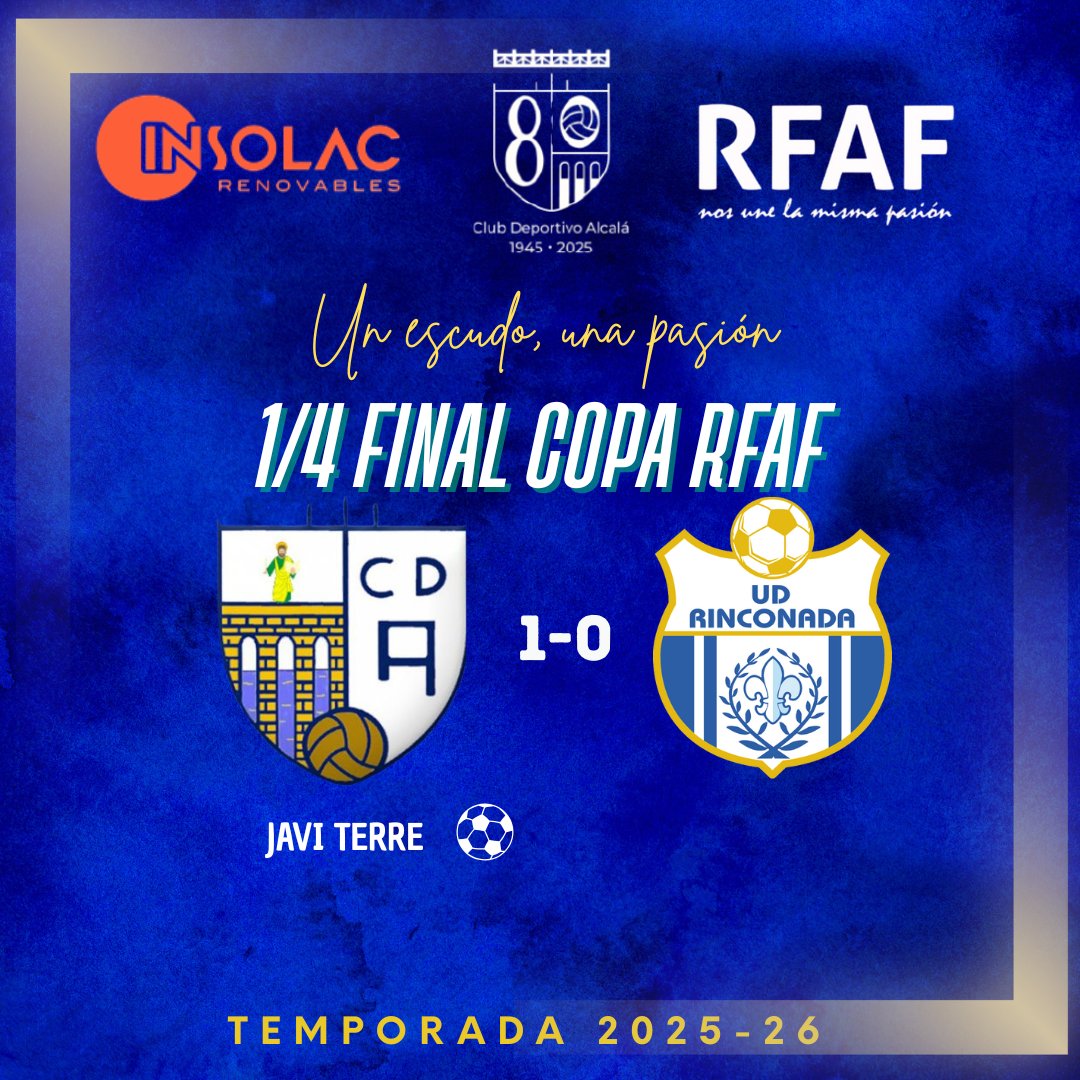 C.D. Alcalá (@cd_alcala) on Twitter photo ⚽ 1/4 Final Copa RFAF ⚽
Gran partido de nuestro equipo con un despliegue físico espectacular y grandes momentos de fútbol. 💙
Gol en la 1ª parte y eliminatoria decidida en los penaltis.
👏 Felicidades a <a href="/UDRinconada/">Unión Deportiva Rinconada</a>.
🔥 Nuestra afición, el motor que nunca falla.
#CopaRFA ⚽ 1/4 Final Copa RFAF ⚽
Gran partido de nuestro equipo con un despliegue físico espectacular y grandes momentos de fútbol. 💙
Gol en la 1ª parte y eliminatoria decidida en los penaltis.
👏 Felicidades a <a href="/UDRinconada/">Unión Deportiva Rinconada</a>.
🔥 Nuestra afición, el motor que nunca falla.
#CopaRFA