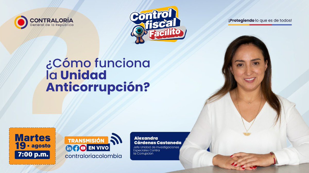Hoy, la Jefe de la Unidad de Investigaciones Especiales Contra la Corrupción, Alexandra Cárdenas Castaneda, participará en una nueva edición de #ControlFiscalFacilito, donde se abordará el siguiente tema:

🔺¿Cómo funciona la Unidad Anticorrupción?

🚨 ¡No te lo pierdas!