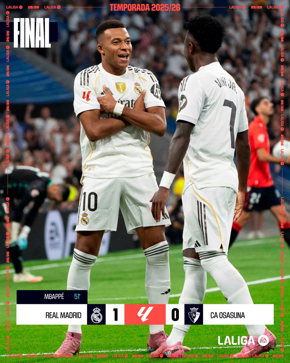 LALIGA (@laliga) on Twitter photo FINAL 1-0 #RealMadridOsasuna
π€ Β‘El <a href="/realmadrid/">Real Madrid C.F.</a> suma tres puntos gracias al gol de <a href="/KMbappe/">Kylian MbappΓ©</a>!
#VUELVELALIGA | #LALIGAEASPORTS FINAL 1-0 #RealMadridOsasuna
π€ Β‘El <a href="/realmadrid/">Real Madrid C.F.</a> suma tres puntos gracias al gol de <a href="/KMbappe/">Kylian MbappΓ©</a>!
#VUELVELALIGA | #LALIGAEASPORTS