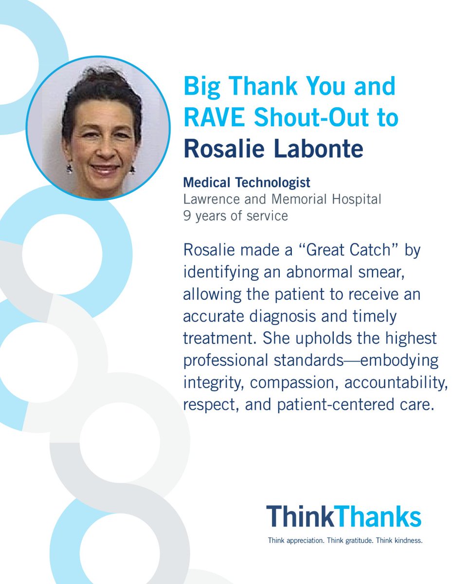 ynhhealth's tweet photo. We're celebrating our employees with ThinkThanks, our systemwide campaign aimed at celebrating the incredible contributions of our amazing Yale New Haven Health team! The hard work and dedication of our staff make our communities thrive. Today's shoutout goes out to Rosalie! https://t.co/273jO6iziK