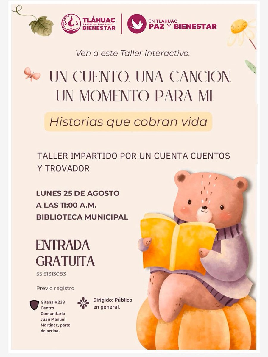 LAS HISTORIAS COBRAN VIDA📚
Acompáñanos al taller interactivo “Un cuento, una canción, un momento para mí”. 🎤🐻.

🗓 lunes 25 de agosto
🕚 11:00 h
📍 Gitana #233 
🎟 Entrada gratuita (previo registro)

Un espacio para disfrutar, aprender y compartir en familia. 💜