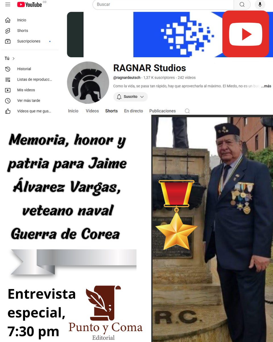 Ragnar_1959's tweet photo. Mañana miércoles 20 de Agosto, 7:30 pm todos invitados a Nuestro "En Vivo" x nuestro canal #RagnarStudios vía Streaming #YouTube 
Con nuestro Marine, veterano de la #GuerraDeCorea 
Jaime Álvarez Vargas de #Colombia 
Invitan:
#PuntoyComaEditorial
@ZenaidSSAguilar https://t.co/i5R45wsKXB