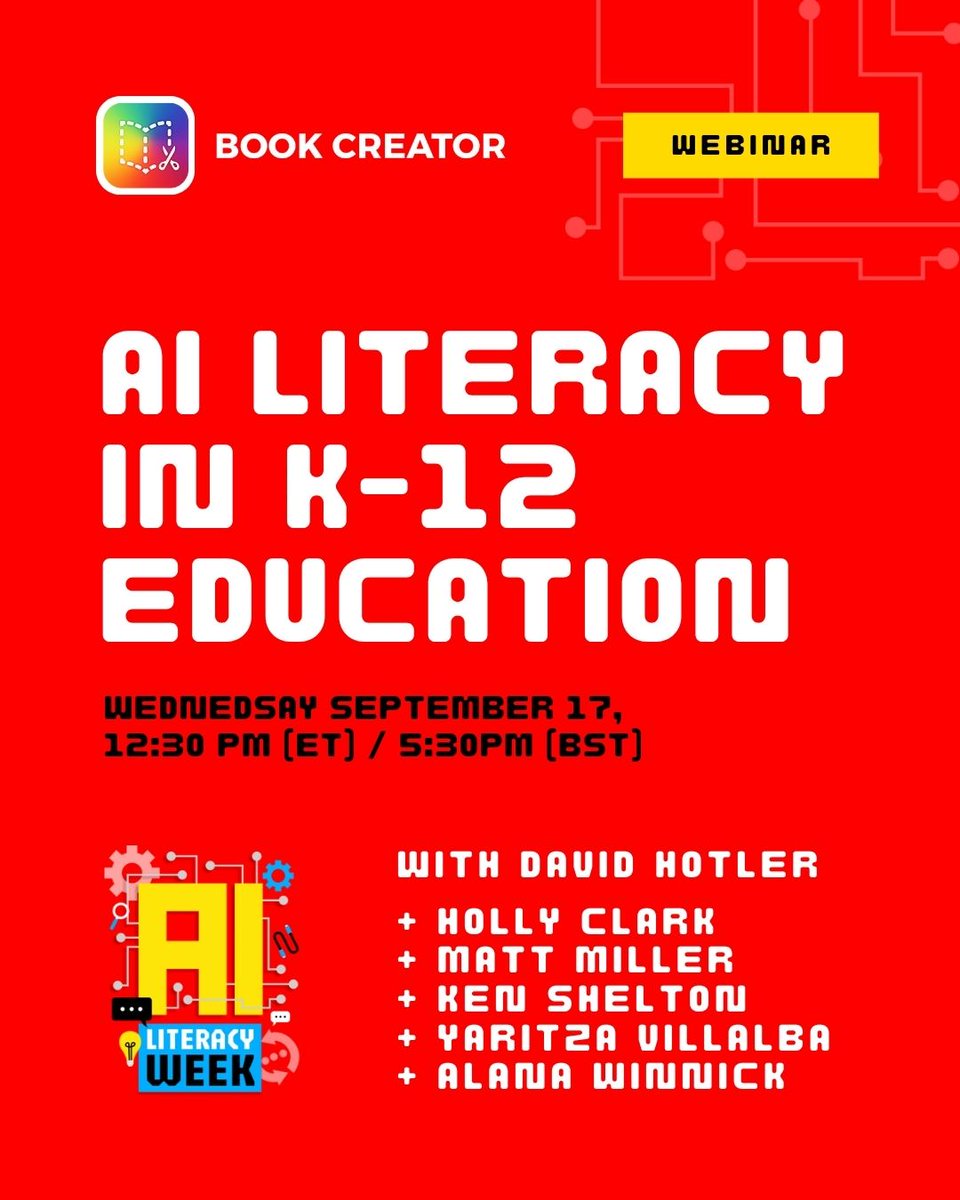 What does AI literacy look like in real classrooms? 🧠 Hear from Holly Clark, Matt Miller, Ken Shelton, Yaritza Villalba, Alana Winnick + David Hotler on practical + creative approaches.

hubs.ly/Q03BWvPt0

#BookCreatorAI #AILiteracyWeek