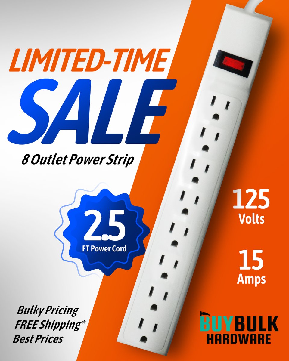 HardwareBuy's tweet photo. ⚡ LIMITED-TIME SALE • Grip Tight Tools 8-Outlet Power Strip. 2.5 ft cord + mounts; ETL; 125V/15A. 💰 Best prices | 📦 Bulky pricing | 🚚 FREE Freight Shipping*  https://t.co/K8MDu2cmA3 #BuyBulkHardware #PowerStrip #BestPrices https://t.co/EyQJm905te
