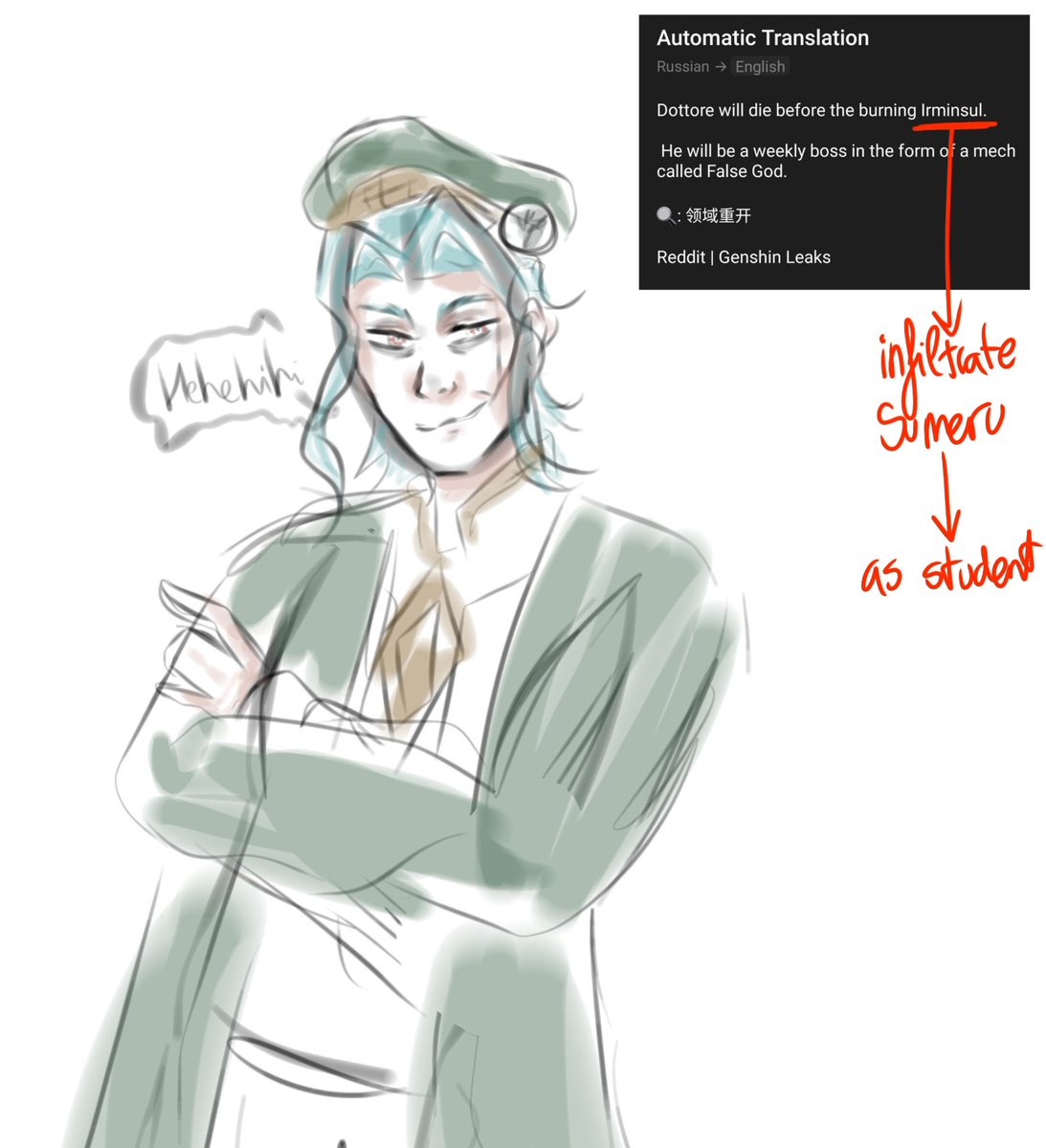 luftnovax's tweet photo. Imagine if Dottore had to infiltrate Sumeru as a student to get to the irminsul (definitely didn't come up with that thanks to a dream 😼) 

Let's ignore the death part, that won't happen

#dottore #genshin https://t.co/emKKUI6MGn