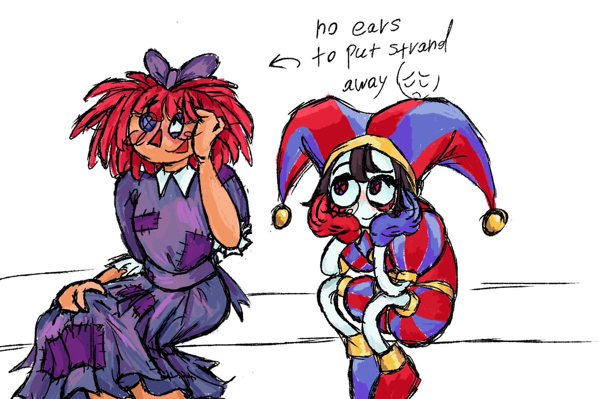 kristos523's tweet photo. My fast sketch with RagaPom(or JesterDoll or ButtonBlossom whatever u like) CUZ I WAS SO EXCITED OF THEM FROM NEW EPISODE and so happy from the "unevenness" (they both have problems, but they try to give comfort to the other and its charming me) ALSO HAVE A NICE DAY YALL =D #tadc https://t.co/n1KIrDjcqI