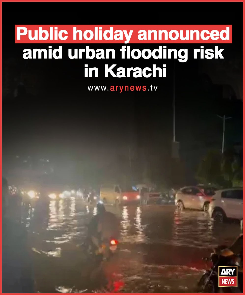 ARYNEWSOFFICIAL's tweet photo. Public holiday announced amid urban flooding risk in Karachi

More details: https://t.co/1j0y3o2TI0

#ARYNews https://t.co/UepBK7BPvy