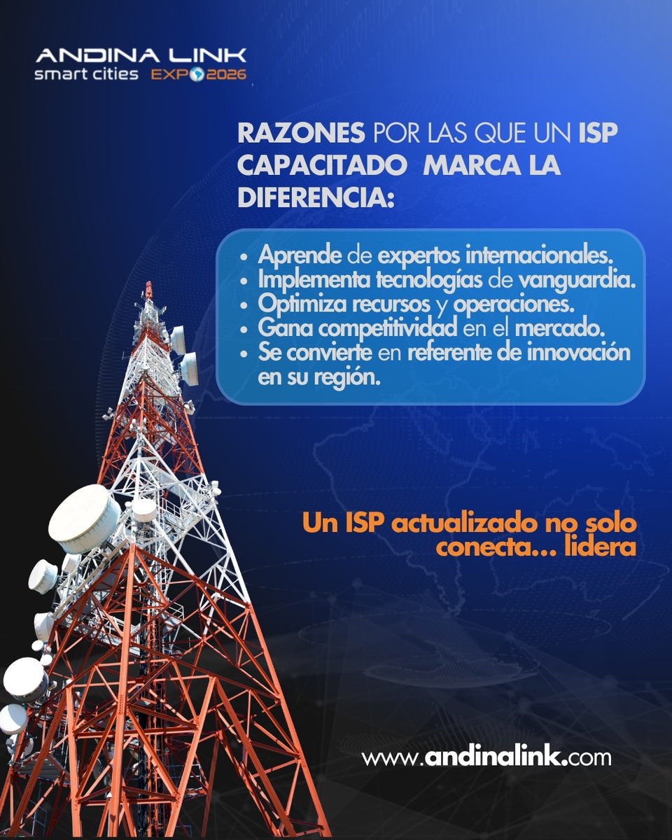 andinalink's tweet photo. 💡 Razones por las que un ISP capacitado marca la diferencia:
✔️ Aprende de expertos internacionales.
✔️ Implementa tecnologías de vanguardia.
✔️ Optimiza recursos y operaciones.
✔️ Gana competitividad en el mercado.
✔️ Se convierte en referente de innovación en su región. https://t.co/4x1MJxy2kA