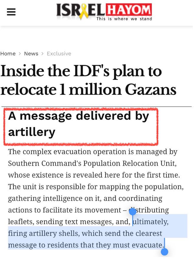 Assal Rad (@assalrad) on Twitter photo “A message delivered by artillery”
Forcibly displacing Palestinians under the threat of death is a war crime. Remember that the next time you see Western media call it a “relocation plan.” “A message delivered by artillery”
Forcibly displacing Palestinians under the threat of death is a war crime. Remember that the next time you see Western media call it a “relocation plan.”