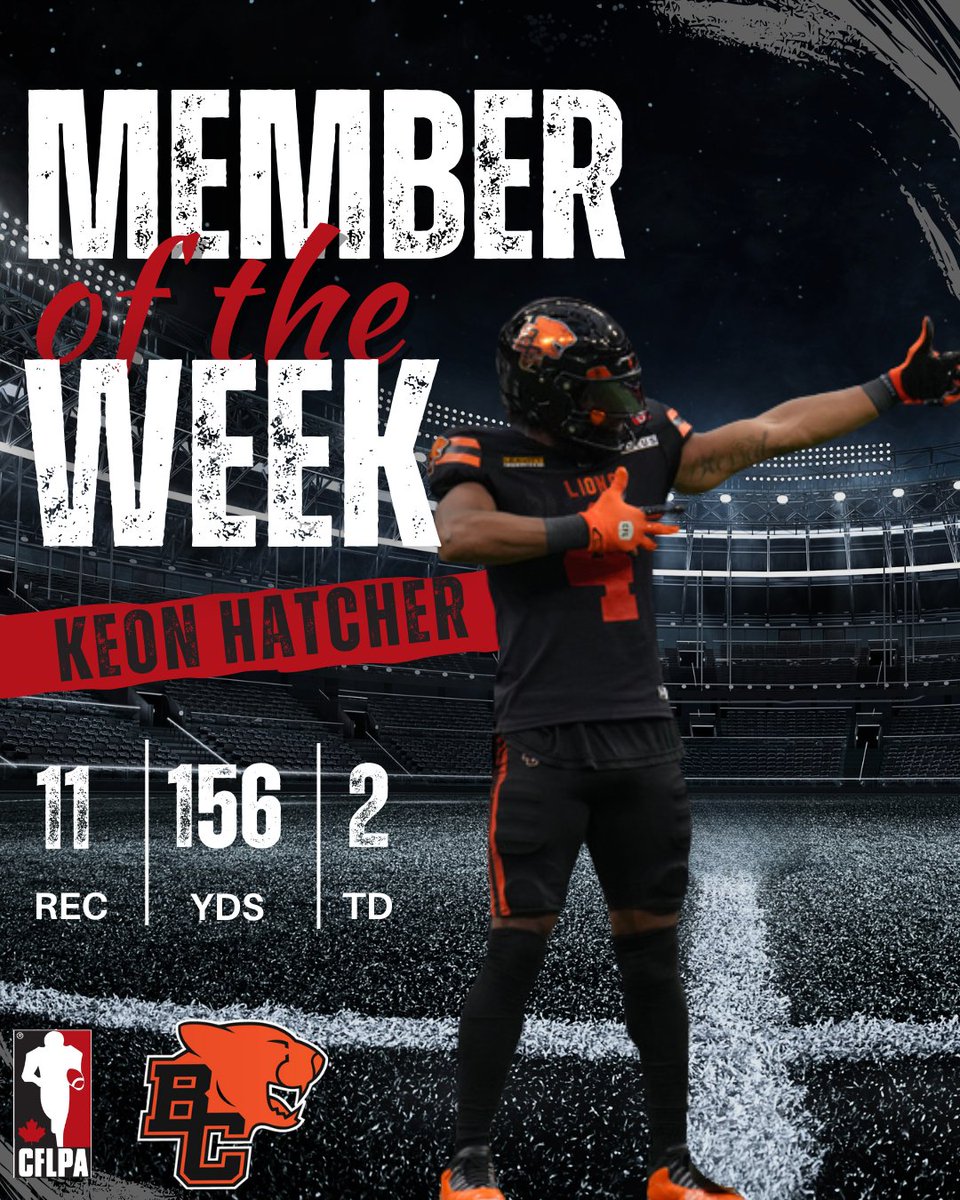 An explosive performance for the league leader in receiving yards, helped propel the <a href="/BCLions/">BC LIONS</a> to a big win at home. The <a href="/RazorbackFB/">Arkansas Razorback Football</a> alum, Keon Hatcher is our #TeamCFLPA Member of the Week, for Week 11!

Congratulations, <a href="/KeonHatcher4/">Hatch</a> 

11 Receptions
156 Yards
2 Touchdowns