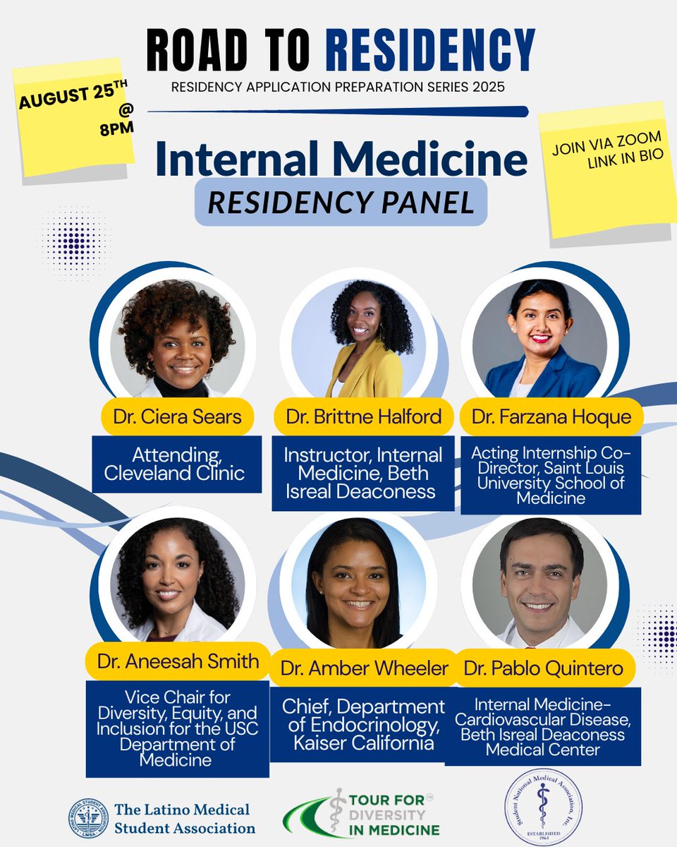 The Student National Medical Association (SNMA) (@snma) on Twitter photo Interested in Internal Medicine? Want to hear DIRECTLY from those on the other side of the application? Well, we've got all of your needs answered in one panel. Join us on Monday, August 25th at 8pm EST via Zoom.  You'll thank us later.  
Link: ow.ly/HNxp50WHYre Interested in Internal Medicine? Want to hear DIRECTLY from those on the other side of the application? Well, we've got all of your needs answered in one panel. Join us on Monday, August 25th at 8pm EST via Zoom.  You'll thank us later.  
Link: ow.ly/HNxp50WHYre