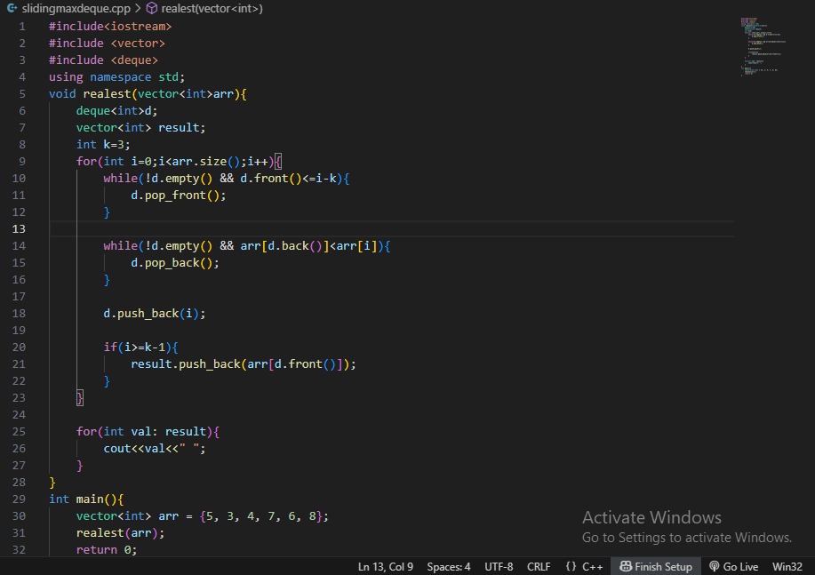 DEV_ARPAN2's tweet photo. If you want to crack the concept of how a deque works , then this is the perfect program for you : 

~ Sliding Window Maximum ( using deque)

Trust me just attempt the question once, it will be worth every minute 
#DSA #100daysofcode #codingjourney #frenchTECh https://t.co/eYngR0mgse