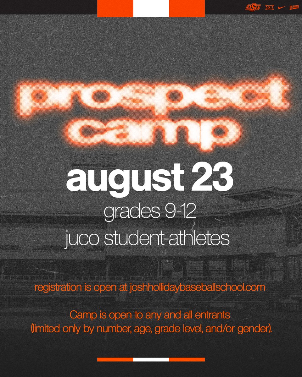 OSU Cowboy Baseball (@osubaseball) on Twitter photo Last call to register for this Saturday's Cowboy Baseball Prospect Camp. Registration will close Thursday afternoon!
๐๐๐๐พ๐๐๐๐: ๐๐๐๐ฟ ๐๐๐
๐๐๐๐๐๐๐๐ ๐๐๐ผ๐๐๐๐: ๐๐๐๐๐๐๐ฟ ๐๐๐๐๐ ๐๐๐๐ผ๐๐
๐ฅ๐๐๐๐ฆ๐ง๐๐ฅ ๐๐๐ฅ๐โฌ๏ธ
joshhollidaybaseballschool.com/camp1.html Last call to register for this Saturday's Cowboy Baseball Prospect Camp. Registration will close Thursday afternoon!
๐๐๐๐พ๐๐๐๐: ๐๐๐๐ฟ ๐๐๐
๐๐๐๐๐๐๐๐ ๐๐๐ผ๐๐๐๐: ๐๐๐๐๐๐๐ฟ ๐๐๐๐๐ ๐๐๐๐ผ๐๐
๐ฅ๐๐๐๐ฆ๐ง๐๐ฅ ๐๐๐ฅ๐โฌ๏ธ
joshhollidaybaseballschool.com/camp1.html
