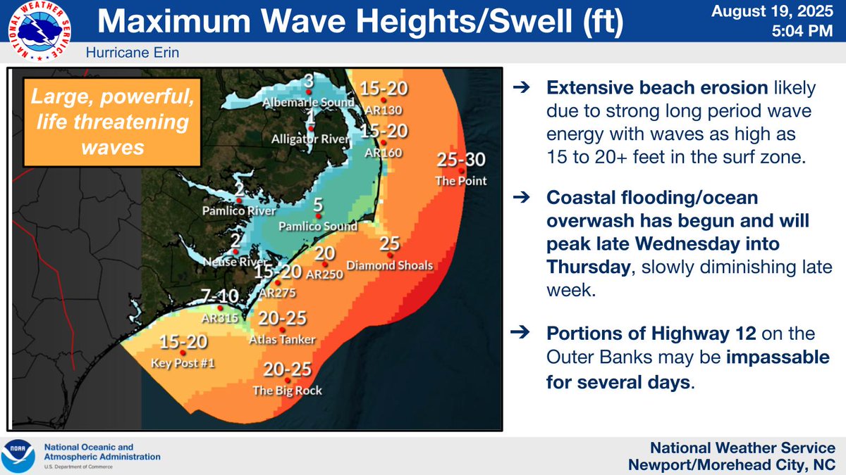 NWSMoreheadCity's tweet photo. ⚠️5:00 pm Hurricane #Erin Update.
Here is the latest information on Erin, including the expected impacts along the coast of ENC. For complete information, please check out https://t.co/CAZ6pY0eg1 #ncwx https://t.co/3S0sCD9pnz