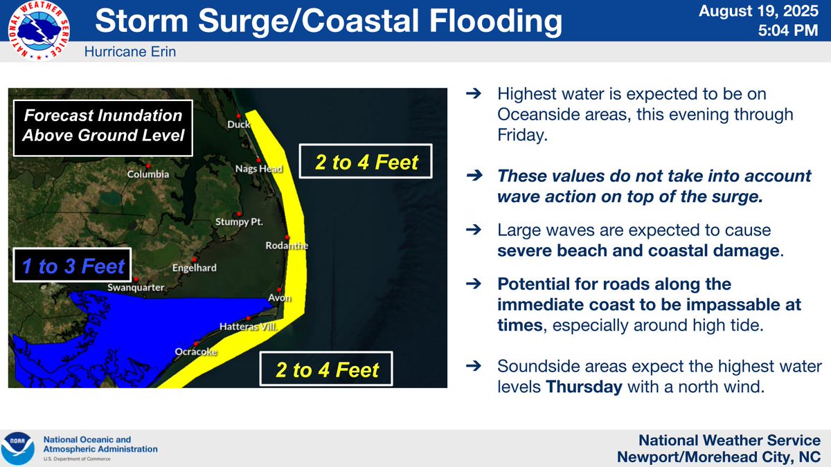 NWSMoreheadCity's tweet photo. ⚠️5:00 pm Hurricane #Erin Update.
Here is the latest information on Erin, including the expected impacts along the coast of ENC. For complete information, please check out https://t.co/CAZ6pY0eg1 #ncwx https://t.co/3S0sCD9pnz