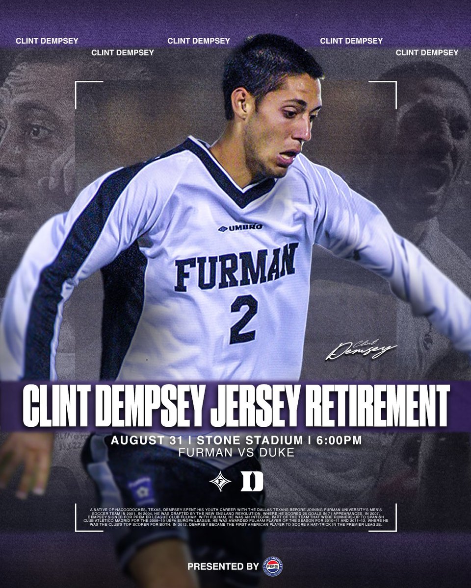 Just 13 Days Away! Be there early to grab your exclusive t-shirt as we celebrate Furman and U.S. Soccer legend Clint Dempsey. Join us at Stone Stadium on Sunday, August 31, as the Paladins take on nationally-ranked Duke in a can't miss showdown. #AllDin #FurmanSoccer