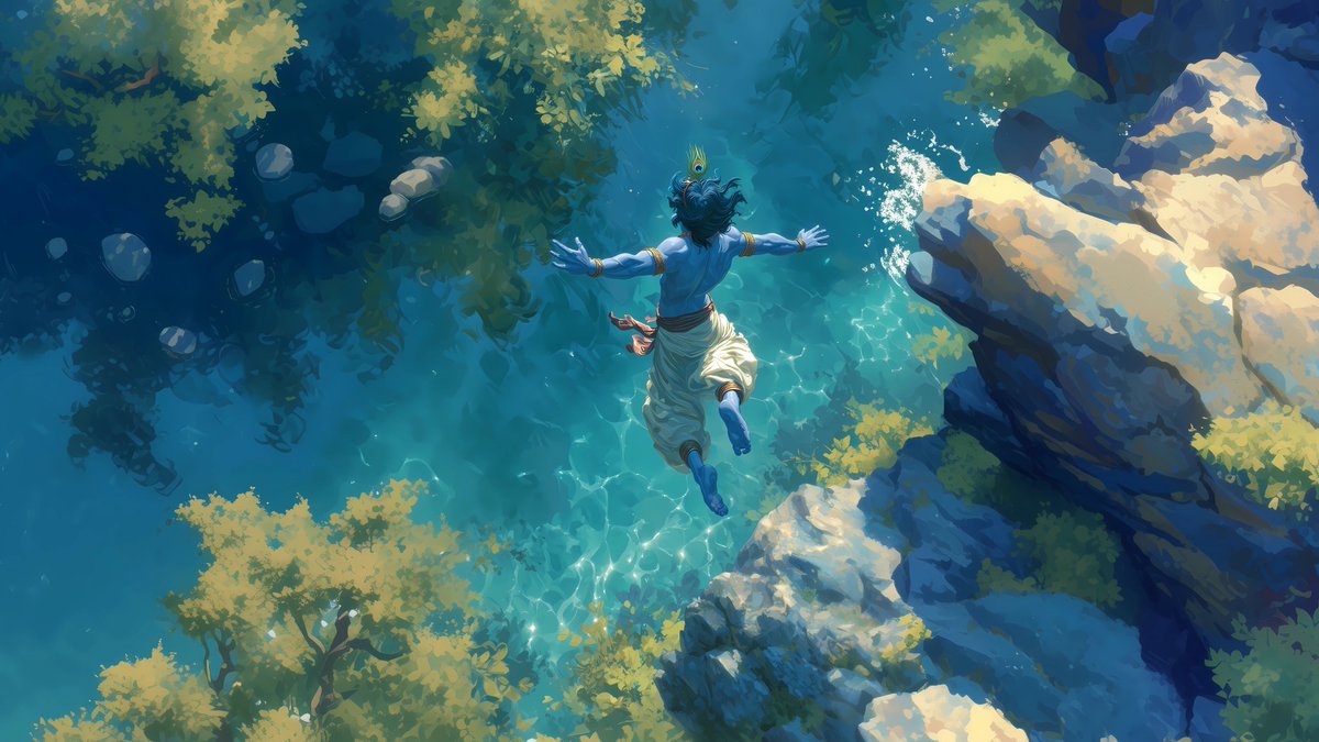 Akara__1's tweet photo. New wallpaper drop ✨

🟡 Tap, hold and load in 4K — Shyām: Yamunā-Līlā

He plunges—each splash is ananda. 🕉️

भागवतपुराण 10.12.10):
 साकंभेकैर्विलङ्घन्तः सरितः स्रवसम्प्लुताः ।
विहसन्तः प्रतिच्छाया: शपन्तश्च प्रतिस्वनान् ॥
 
With the frogs they leap across the streams, drenched in spray—laughing at their reflections and playfully teasing their echoes.

#Krishna #Vrindavan #4KWallpapers