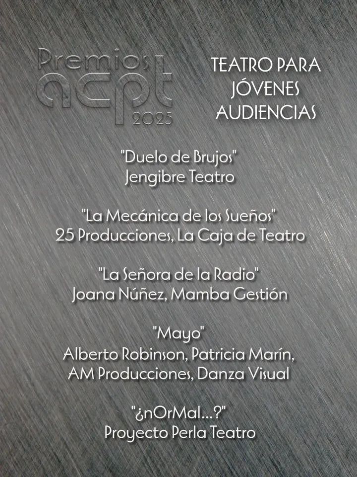 #ACPT 

¡La espera ha terminado!

Les presentamos los nominados en la categoría: 
🏆Teatro para Jóvenes Audiencias🏆 

#PRESENCIAACPT #PREMIOSACPT2026 #ACPT