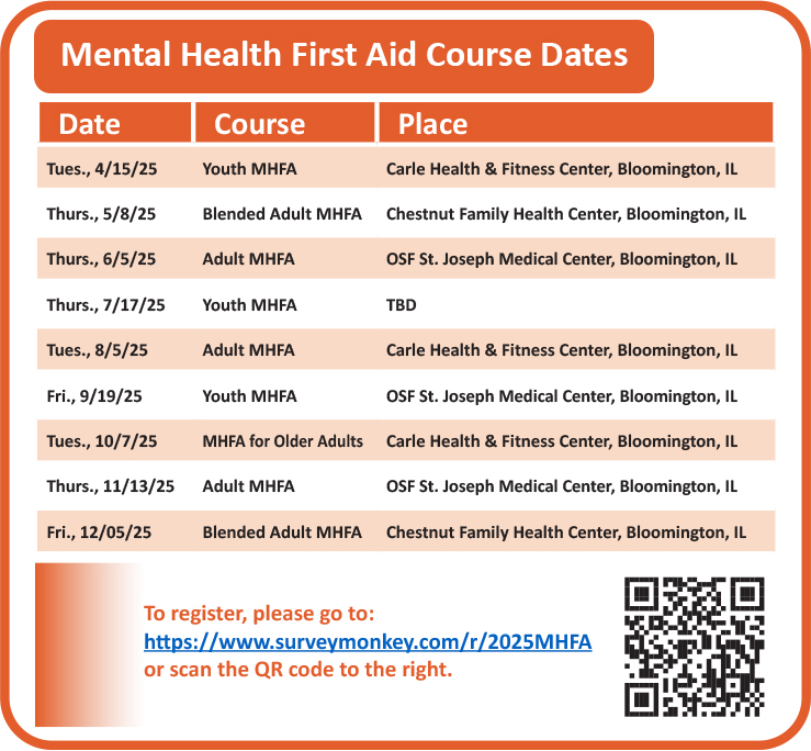 Become trained in Mental Health First Aid!
🔗 Learn more: mcleancountyil.gov/1677/Mental-He…
🔗 Register: surveymonkey.com/r/2025MHFA