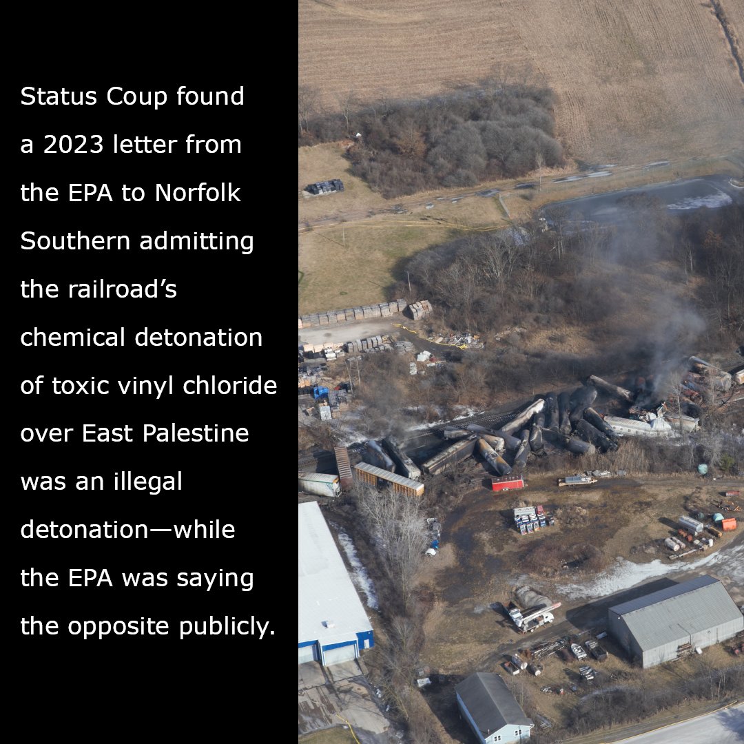 🚨We found a  letter from the EPA admitting it allowed Norfolk Southern Corporation to  conduct illegal burn of toxic chemicals over East Palestine, Ohio—at the same time the agency told the public the direct opposite.

open.substack.com/pub/statuscoup…