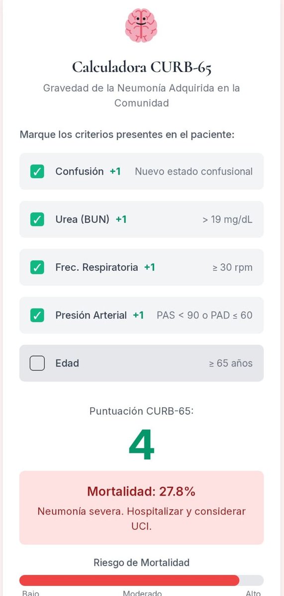 CURB-65 es la escala mejor validada para determinar la gravedad y tratamiento de neumonía adquirida en la comunidad (NAC). Accede gratis a ella desde nuestro Calculus Hub: droliverioambriz.com/curb-65-graved…