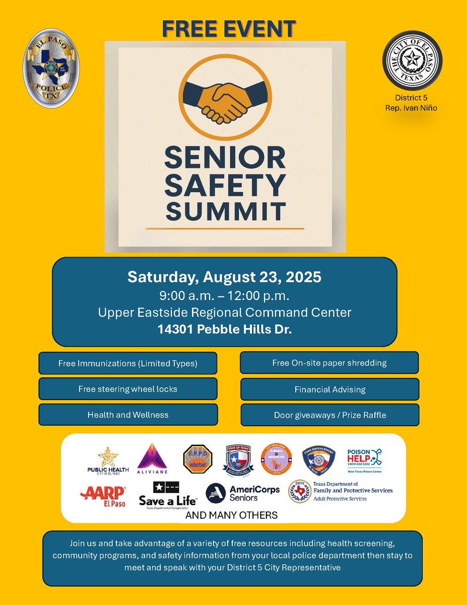 EPPOLICE's tweet photo. π¨ FREE Senior Safety Summit!
π
Sat, Aug 23 | 9AMβ12PM
π 14301 Pebble Hills Dr.
Free immunizations, shredding, steering wheel locks, health & wellness, prizes & more! Join us for safety tips + resources. π #ElPaso #SeniorSummit #EPPD https://t.co/XsEb8XKqYj