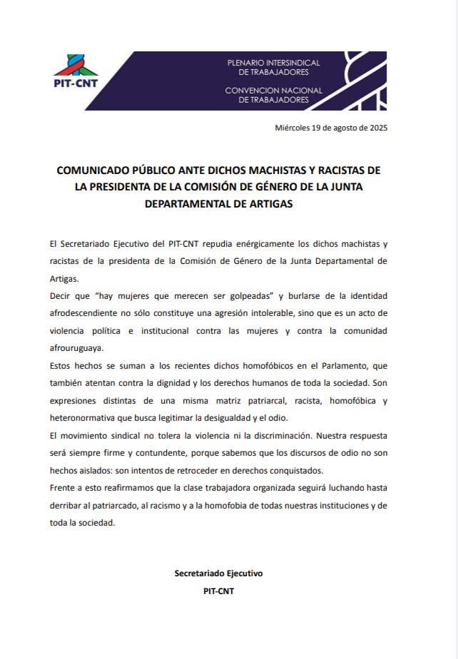 PITCNT1's tweet photo. COMUNICADO PÚBLICO:

Ante los dichos machistas y racistas de la presidenta de la Junta Departamental de Artigas. https://t.co/yW6IVuY7ee