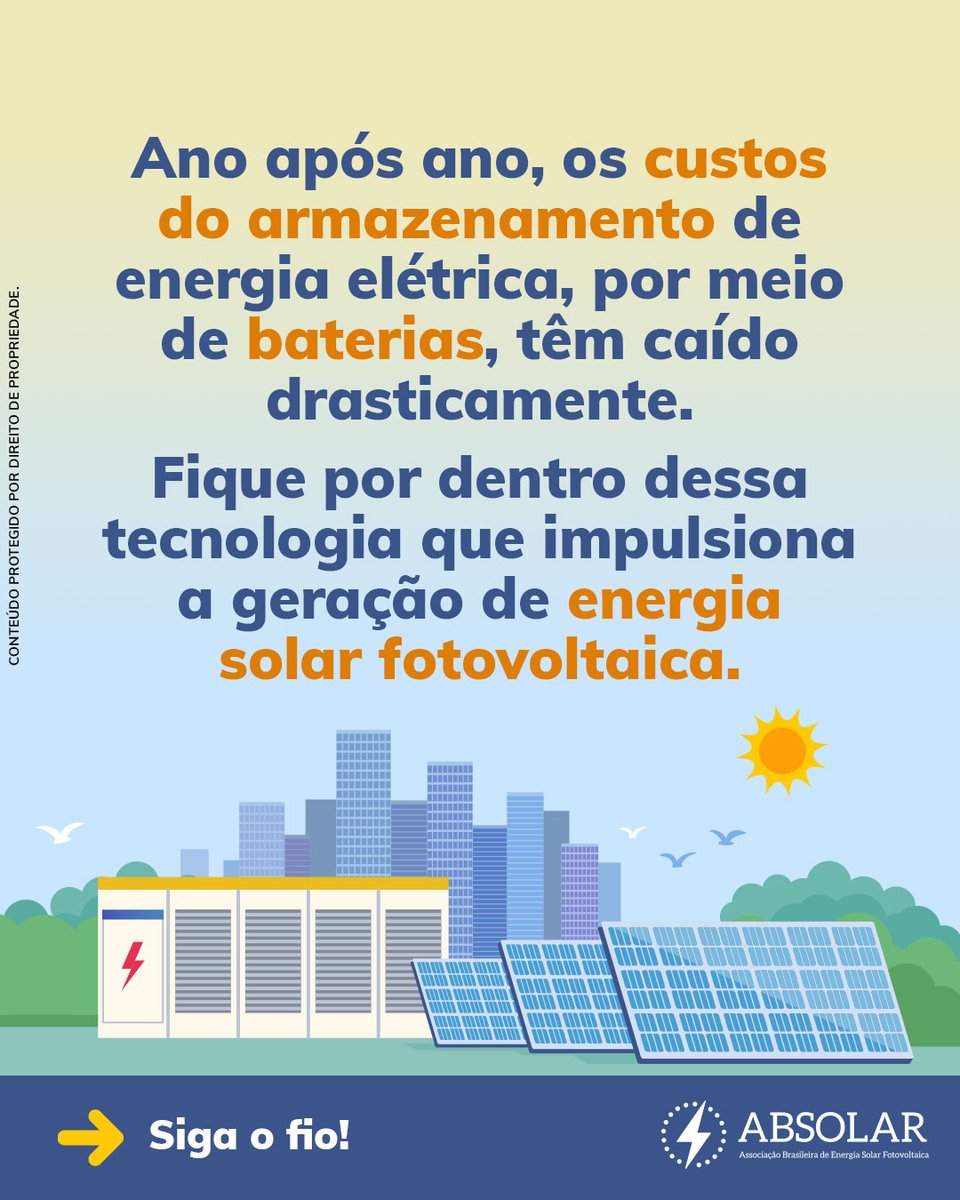 ABSOLAR_Brasil's tweet photo. Usar baterias para armazenar energia elétrica gerada pela fonte solar fotovoltaica está cada vez mais barato.
Confira as tendências do mercado de armazenamento para os próximos anos.
#absolar #energiasolarfotovoltaica #solar #armazenamento #bateria #sustentabilidade #energialimpa #energiaverde #economia #oportunidade #negocio #investimento