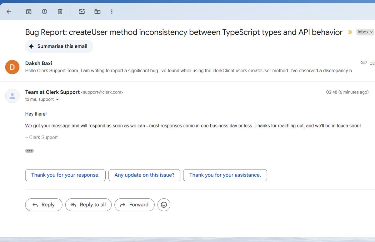 baxi_daksh's tweet photo. Just submitted a bug report on the clerkClient.users.createUser method to @clerk. Awaiting a response from the team. #clerk #dev #bugreport  #typescript #webdev #backend https://t.co/kfQd285qba