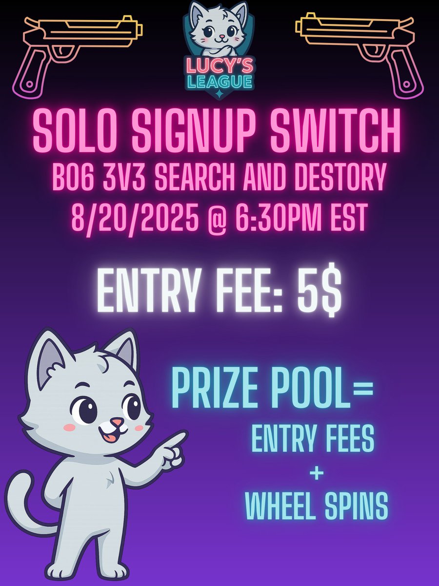 Solo Switch this Wednesday @ 6:30pm est, 5$ entry, Prize pool is entry fees + wheel spins, Signup here : forms.gle/5xkxRGw6KHq5zX…