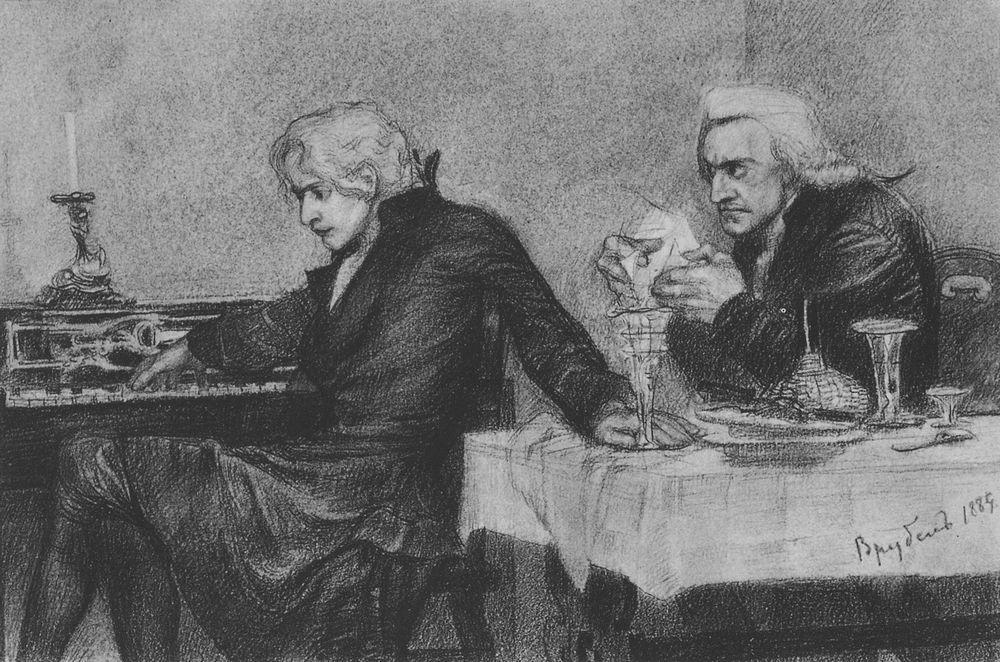 Salieri pours poison into a Mozart's glass wikiart.org/en/mikhail-vru…