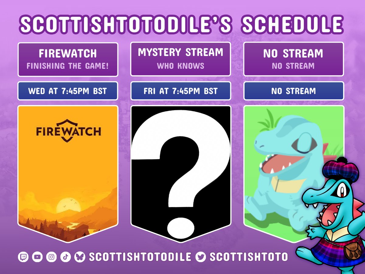 STREAM SCHEDULE FOR THE WEEK

We're gonna finish Firewatch tomorrow night so if you were there on Sunday, please try and be there tomorrow night - as long as you're able! Then on Friday, mystery stream!

No stream on Sunday due to the bloody pro wrestling! See you there 💜