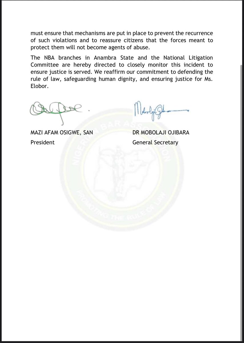 AFAM OSIGWE (@afamosigwe) on Twitter photo “Justice Must Be Seen to Be Done: Operatives who assaulted Ms. Jennifer Elobor must be prosecuted”
The Nigerian Bar Association (NBA) <a href="/NigBarAssoc/">Nigerian Bar Association</a> stongly condemns the brutal assault on Ms. Jennifer Elobor, a National Youth Service Corps (NYSC) member serving in Anambra State. “Justice Must Be Seen to Be Done: Operatives who assaulted Ms. Jennifer Elobor must be prosecuted”
The Nigerian Bar Association (NBA) <a href="/NigBarAssoc/">Nigerian Bar Association</a> stongly condemns the brutal assault on Ms. Jennifer Elobor, a National Youth Service Corps (NYSC) member serving in Anambra State.