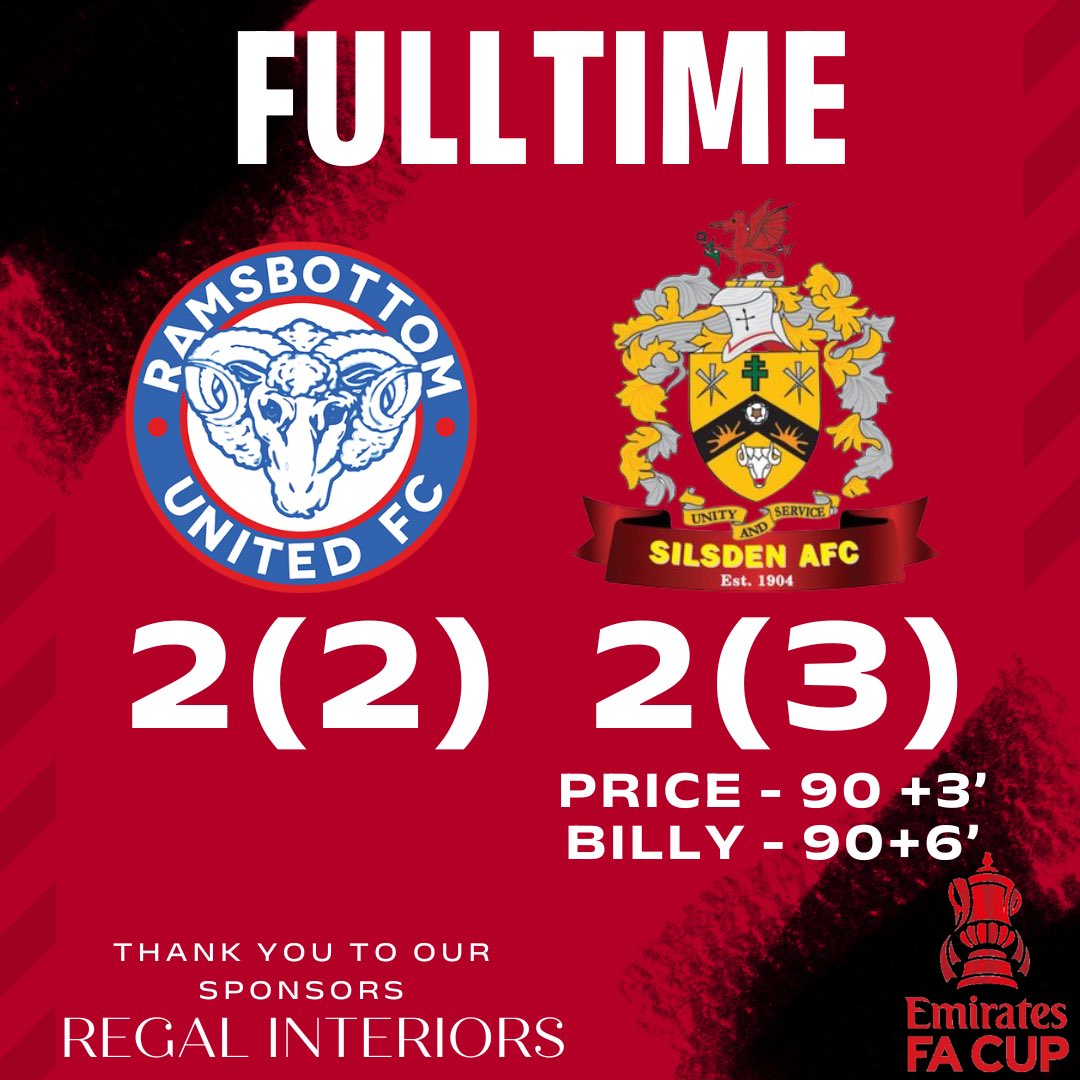 FULLTIME

THESE LADS JUST DON’T KNOW WHEN THEY’RE BEATEN💪

Two stunning late goals from Price and Billy send us to extra time and pens!

Maltby scores the winning penalty to send us through👏

#UpTheSils