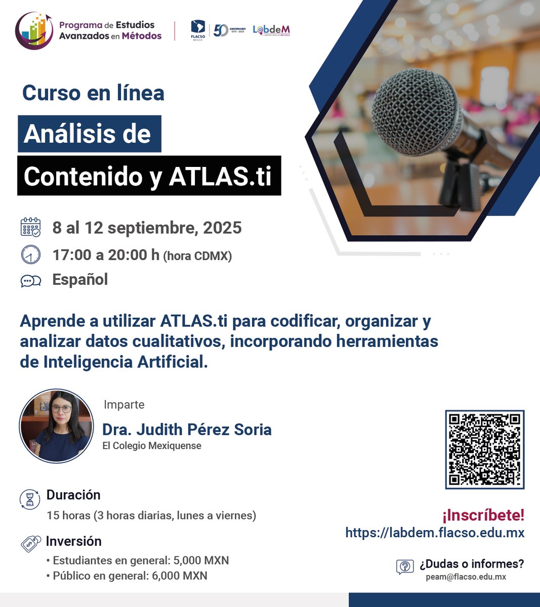FlacsoMx's tweet photo. ¿Cómo transformar datos cualitativos en conocimiento accionable?
Con #ATLASti aprende a codificar, organizar y analizar información con herramientas de IA.
Imparte: Dra. Judith Pérez Soria, El Colegio Mexiquense
🗓️ 8 al 12 septiembre | 17:00-20:00 h | En línea
🔗 Inscríbete: https://t.co/Er24lF2rRR