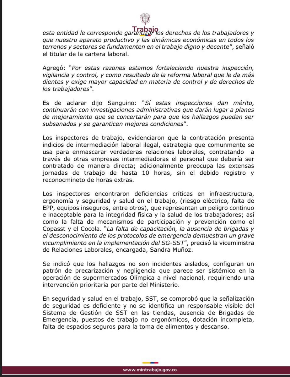 Comunicado de prensa: 
<a href="/MintrabajoCol/">MinTrabajo</a> encuentra precarización laboral e intermediación ilegal en Supertiendas Olímpica. El Ministerio del Trabajo fortalece su compromiso con la dignidad de las y los trabajadores colombianos. #ConDignidadCumplimos