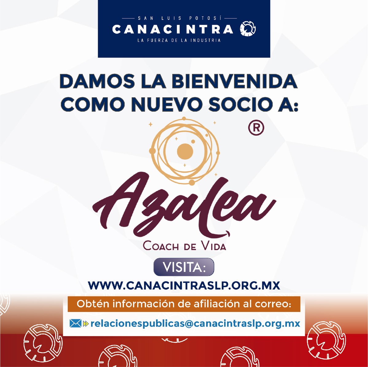 Agradecemos la confianza de Azalea Coach de Vida al completar su afiliación en <a href="/CANACINTRA_SLP/">CANACINTRA SLP</a>. 👏✅