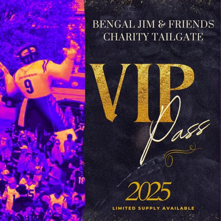 🎉 Become a Bengal Jim &amp; Friends Tailgate VIP! 🎉

Want the ultimate tailgate experience?

Choose from one of 3 VIP Levels and score exclusive access to ALL home tailgates + select away games including Minnesota, Green Bay, and Miami! 🏈✈️

Don’t just watch the game—live the
