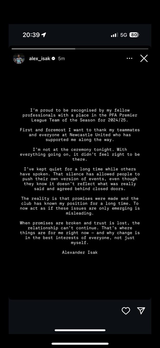 Isaks statement…

Don’t players usually thank the fans and their manager when they get selected for these sort of awards?

Some glaring omissions in that statement